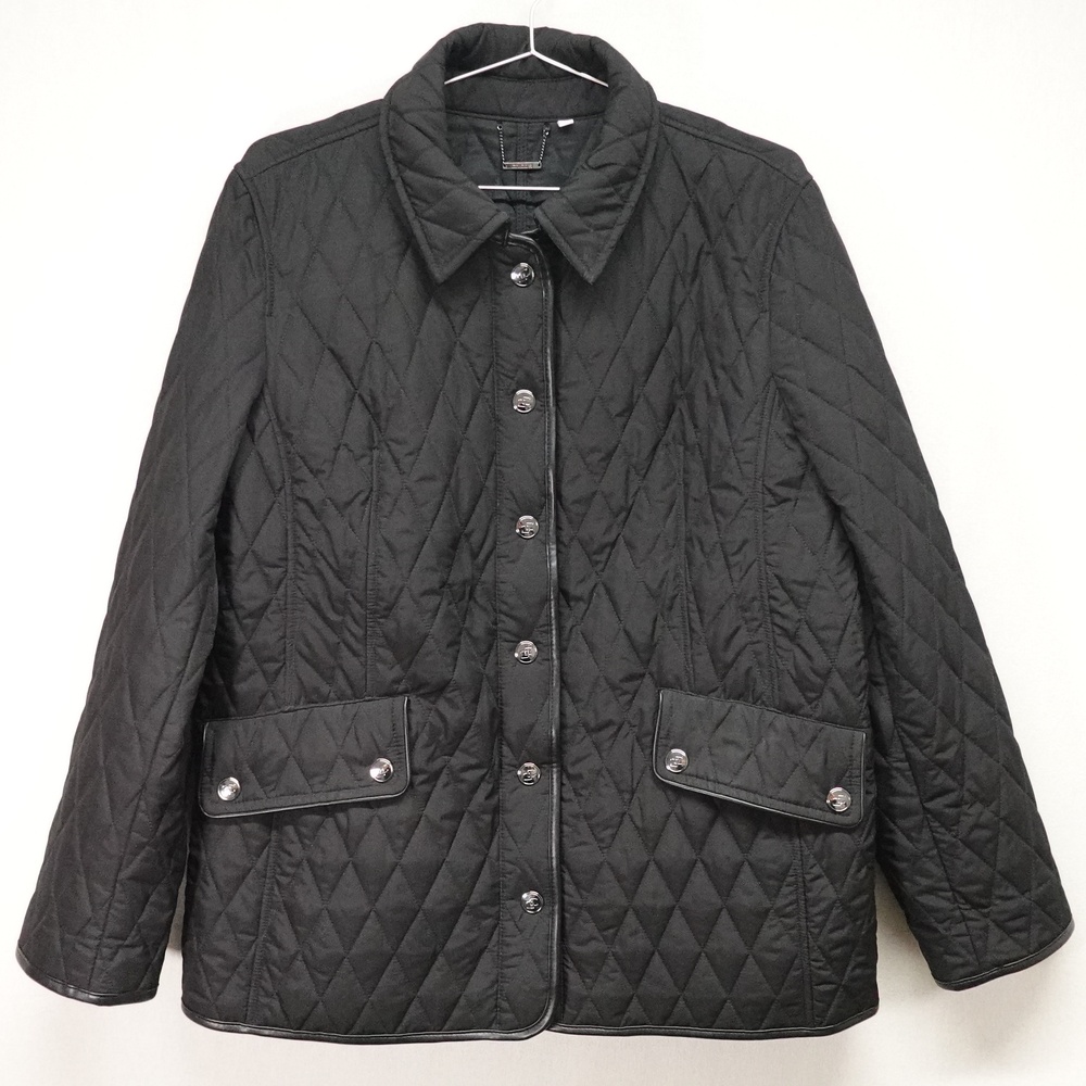 Chicos Jacket Large Black Quilted Button Front Faux Leather Trim